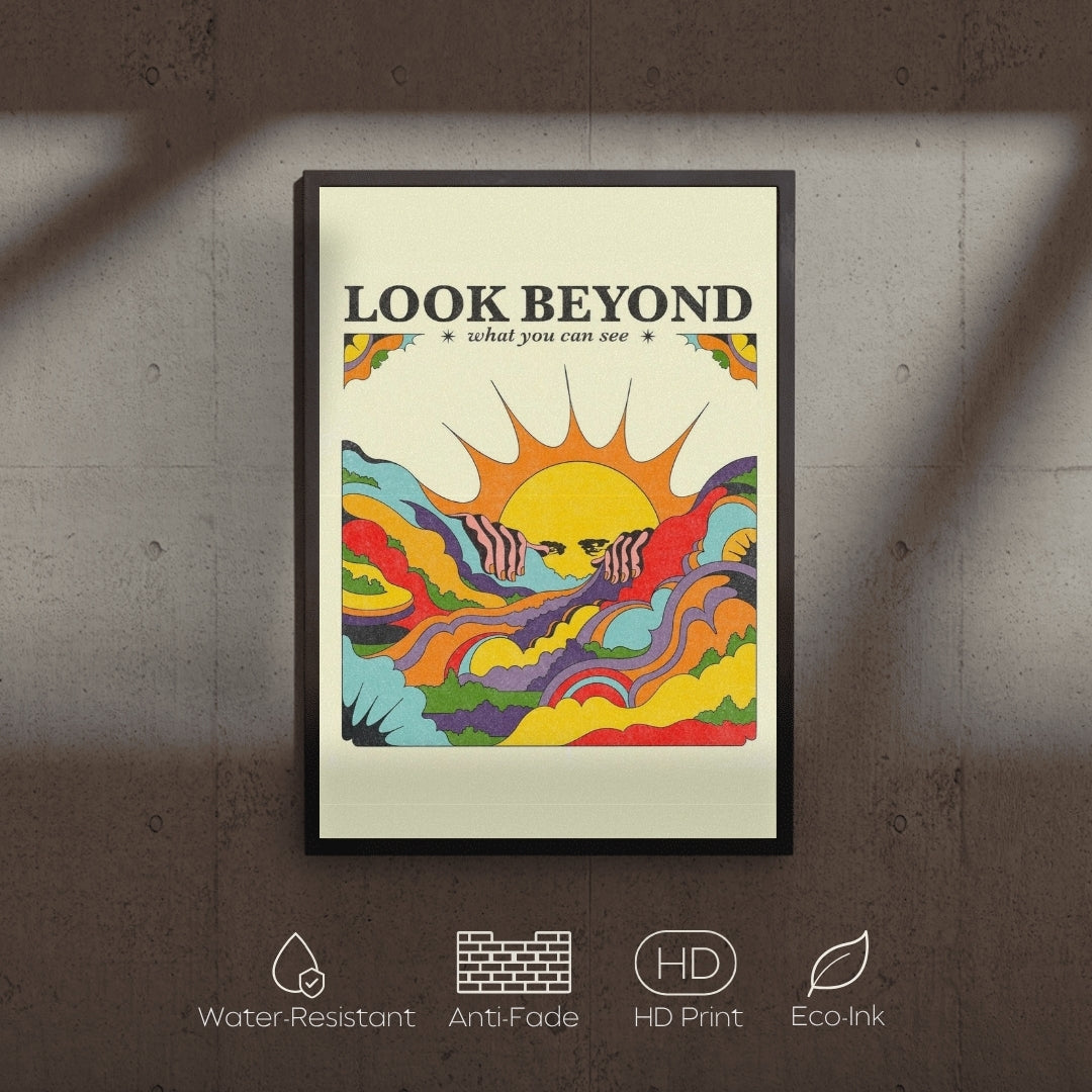 Framed poster with 'Look Beyond' text and colorful design on a textured wall.