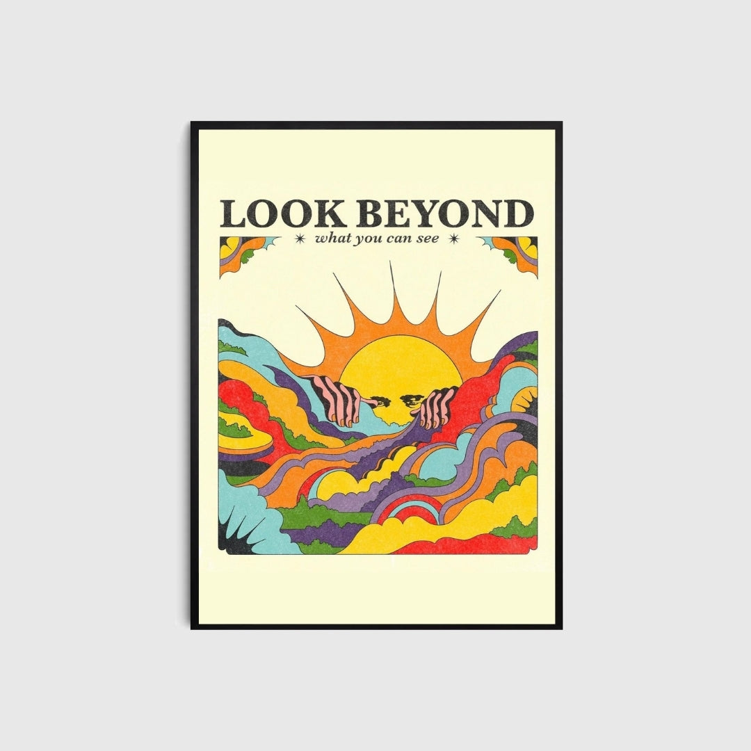 Framed poster with 'Look Beyond' text and colorful design on a light gray background