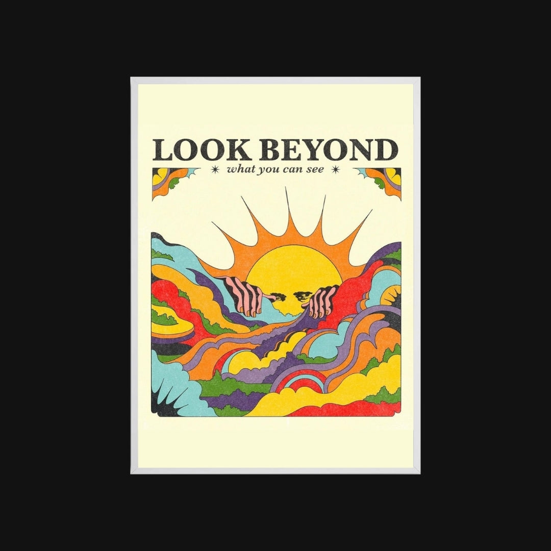 Colorful poster with 'Look Beyond' text and abstract design on a black background