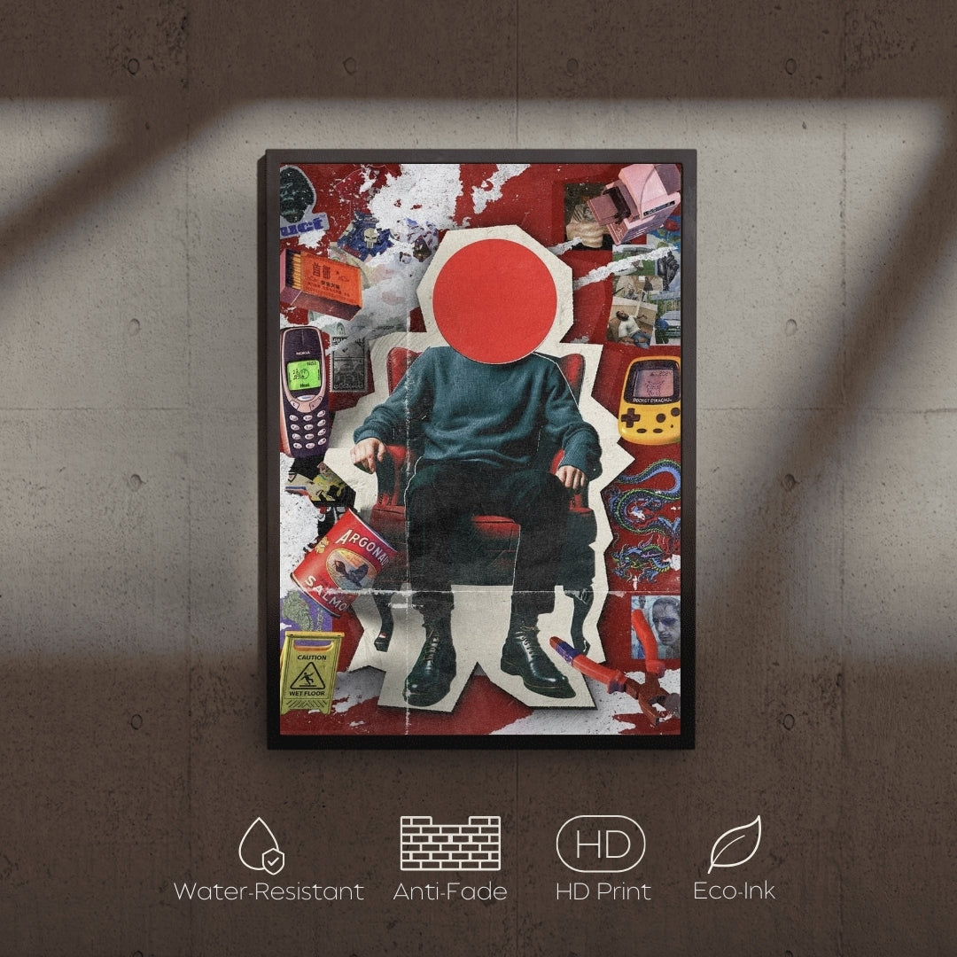 Collage-style poster with a person sitting on a chair, surrounded by various objects and text, on a textured wall.