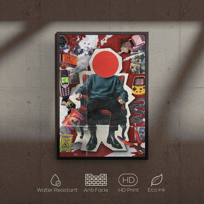 Collage-style poster with a person sitting on a chair, surrounded by various objects and text, on a textured wall.