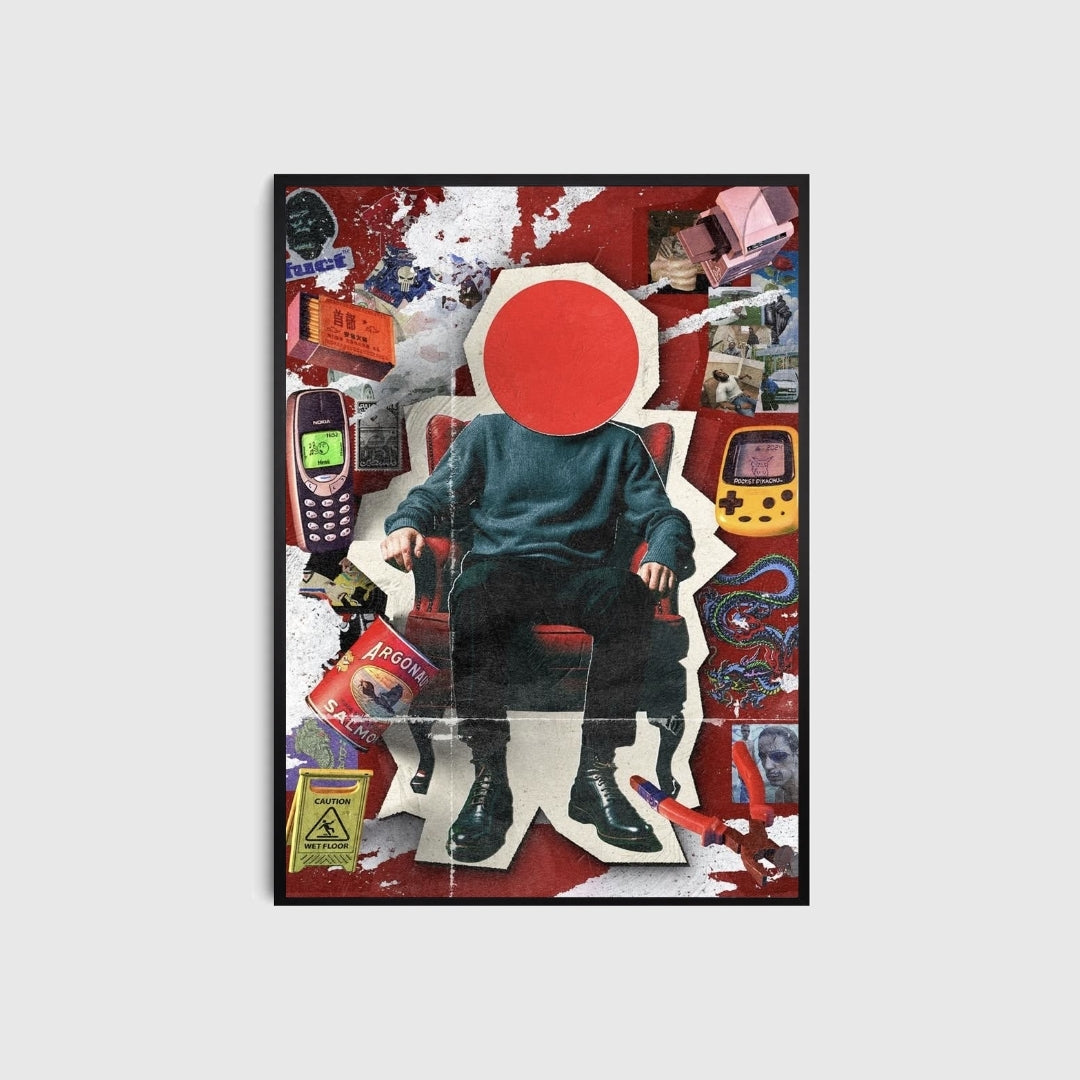 Collage art with a person in a chair surrounded by various objects and symbols on a white background