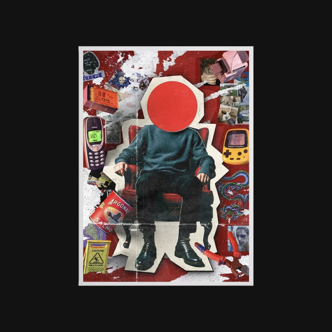Collage art with a person in a chair surrounded by various objects and images on a black background