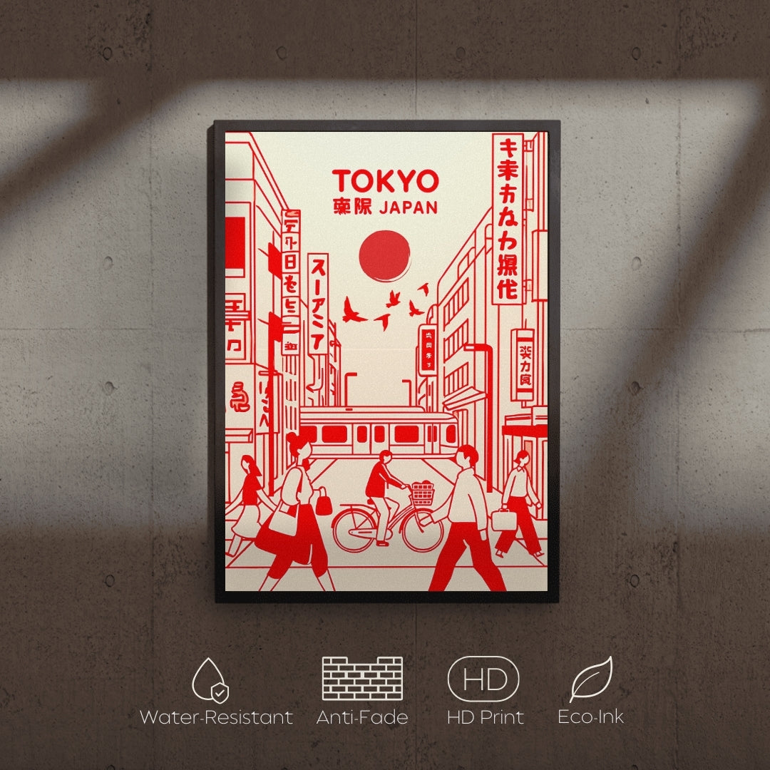 Framed poster of a stylized city street scene with 'TOKYO' text on a textured wall.