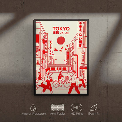 Framed poster of a stylized city street scene with 'TOKYO' text on a textured wall.