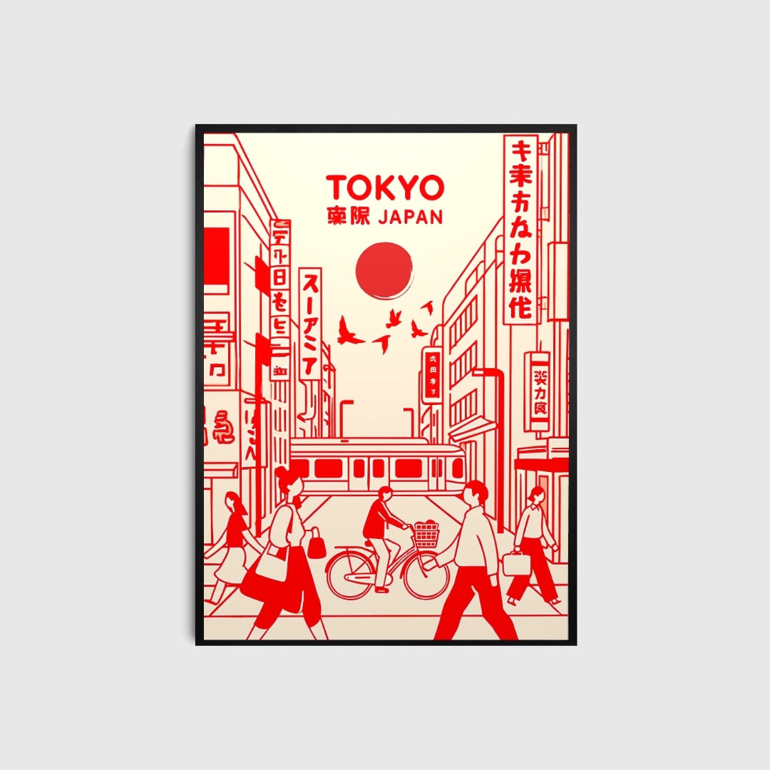 Framed poster of a stylized city street scene with people and a bicycle, labeled 'TOKYO JAPAN' on a light gray background.