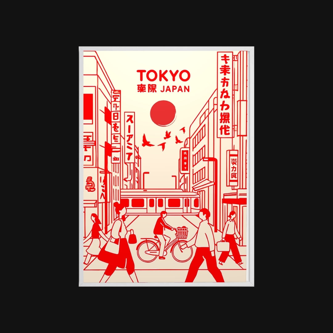 Illustration of a street scene in Tokyo with people and a bicycle, featuring Japanese text and a red sun.