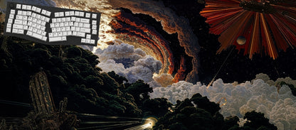 Stylized image of a keyboard with a dramatic sky and celestial bodies.