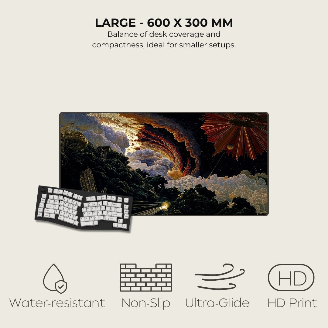 Laptop desk pad with artistic design and keyboard, featuring size 600 x 300 mm, water-resistant, non-slip, ultra-glide, and HD print qualities.