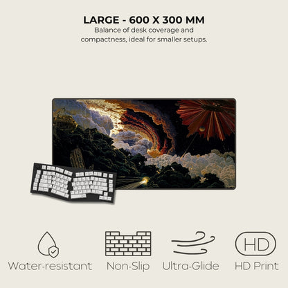 Laptop desk pad with artistic design and keyboard, featuring size 600 x 300 mm, water-resistant, non-slip, ultra-glide, and HD print qualities.