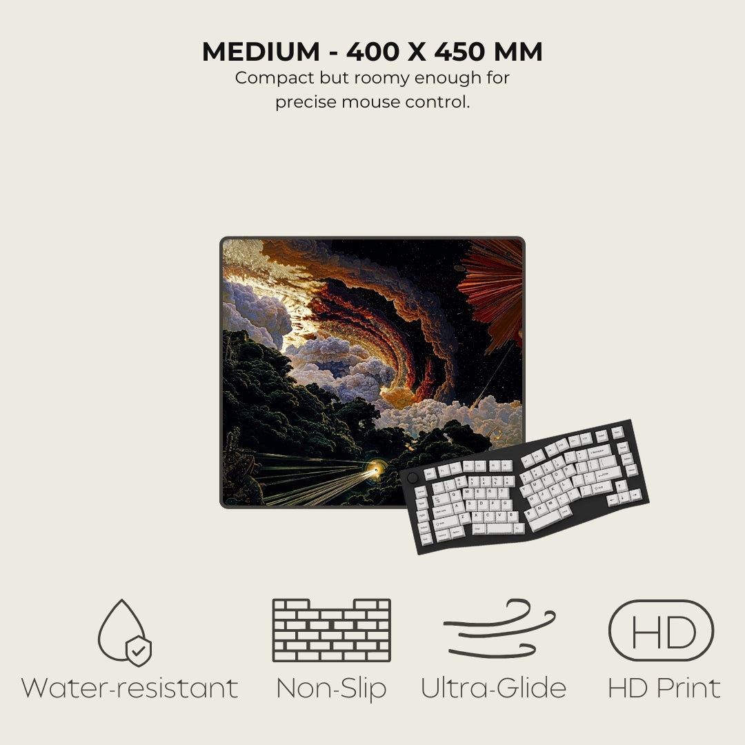 Mouse pad with artistic design and keyboard, featuring product dimensions and features on a light background.