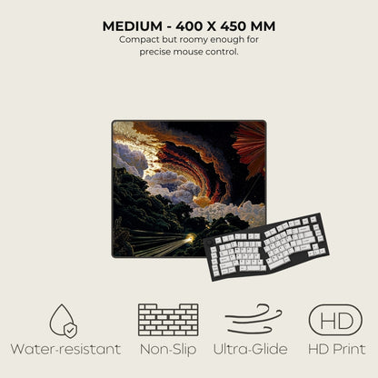 Mouse pad with artistic design and keyboard, featuring product dimensions and features on a light background.