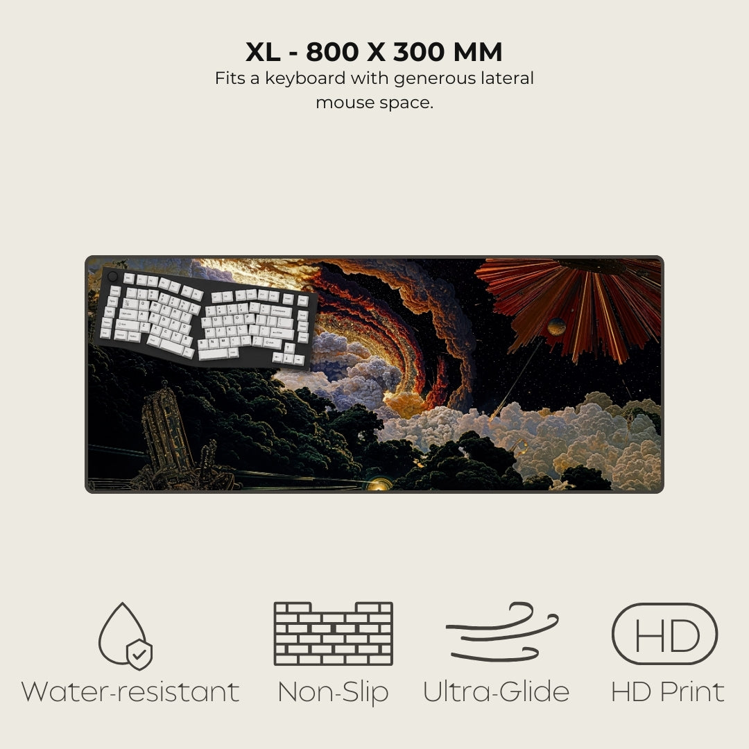 Large mouse pad with artistic design, text, and icons on a light gray background