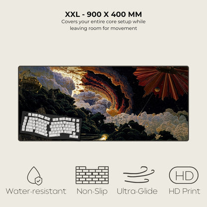 Keyboard mouse pad with artistic design of a stormy sky and castle, featuring product dimensions and features.