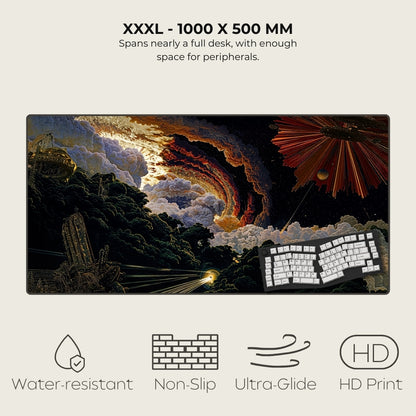 Large desk mat with a fantasy design, featuring a keyboard on top, on a light gray background.