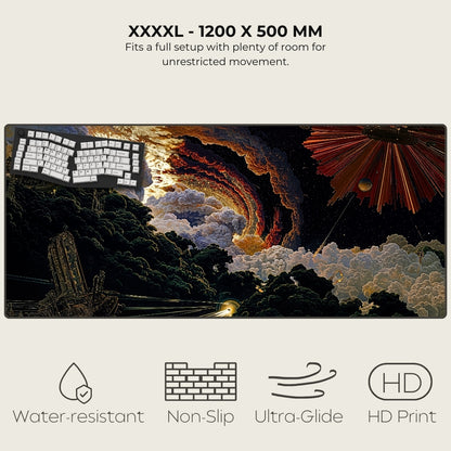 Large desk mat with artistic design of a stormy sky and cityscape, featuring text and icons indicating product features.