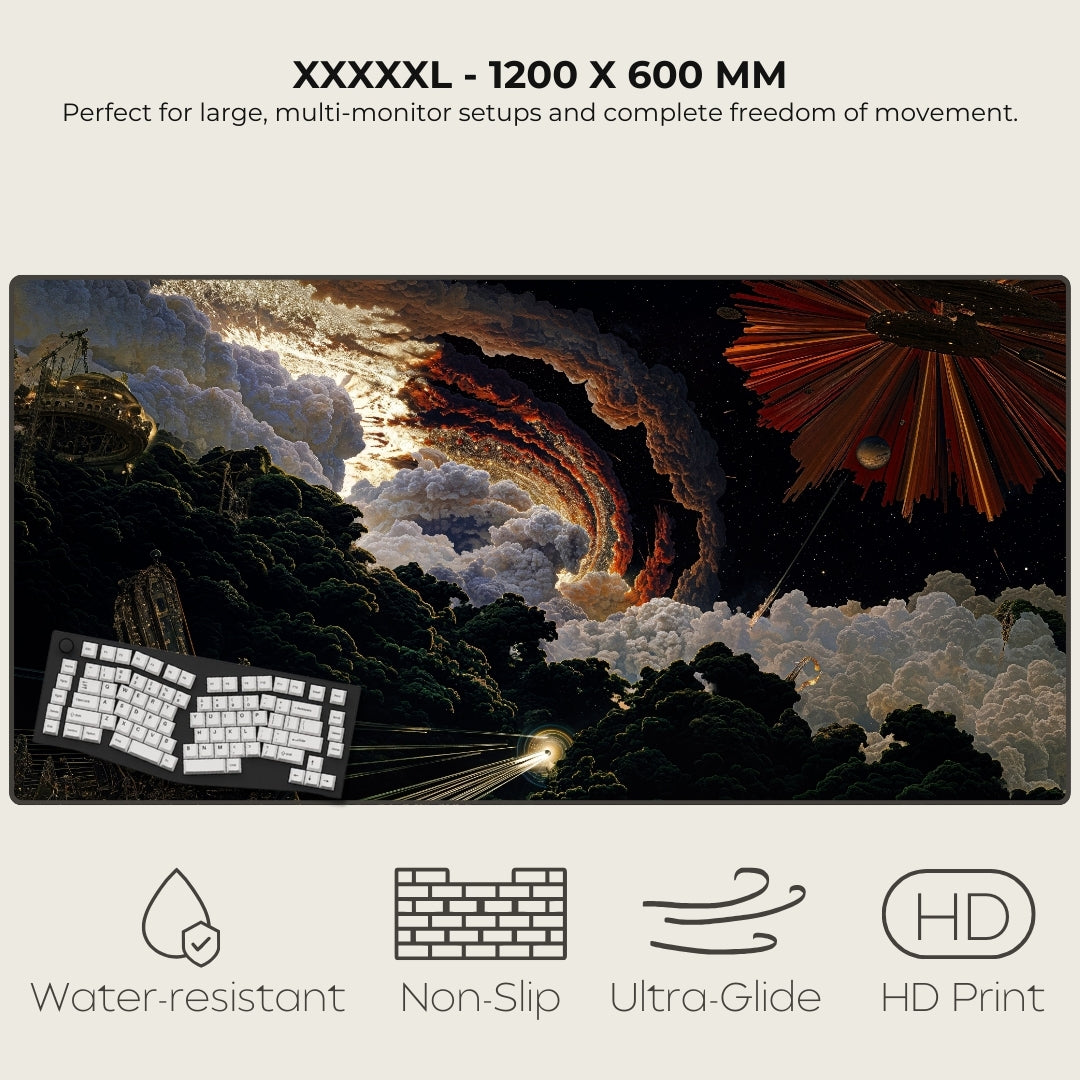 Large mousepad with artistic design of clouds and landscape, featuring text and icons about product features.