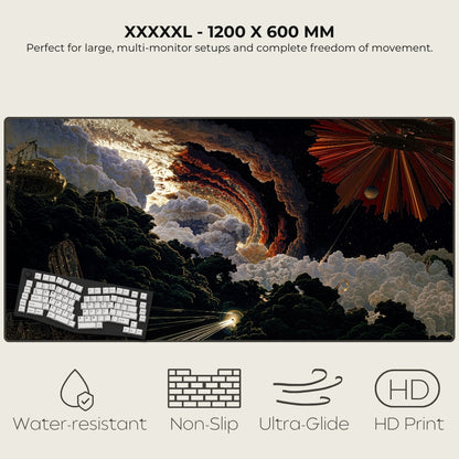 Large mousepad with artistic design of clouds and landscape, featuring text and icons about product features.