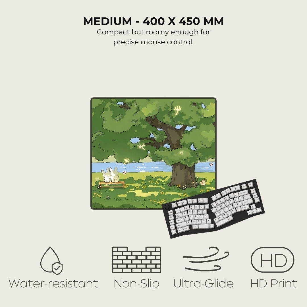 Mouse pad with nature design and keyboard, featuring text and icons on a light gray background.
