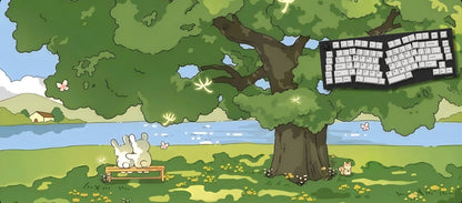 Cartoon scene with a tree, bench, and keyboard in a park setting