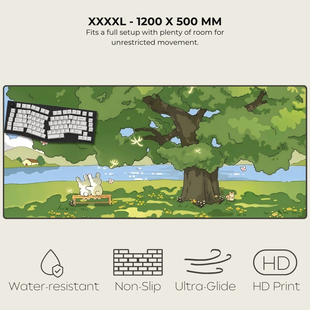 Long gaming mouse pad with nature design, keyboard on top, and product specifications.