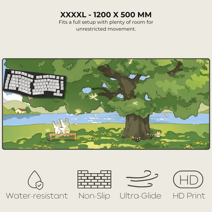 Long gaming mouse pad with nature design, keyboard on top, and product specifications.
