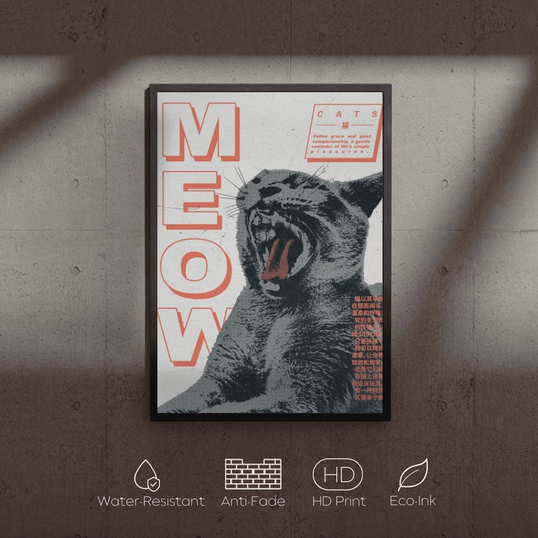 Framed poster with a cat illustration and 'MEOW' text on a textured wall.