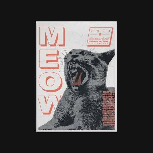 Poster with a cat illustration and 'MEOW' text on a white background