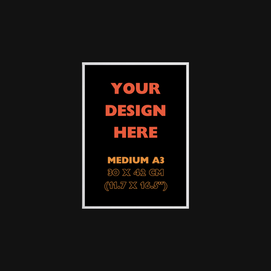 Placeholder design with text 'Your Design Here' and dimensions on a black background