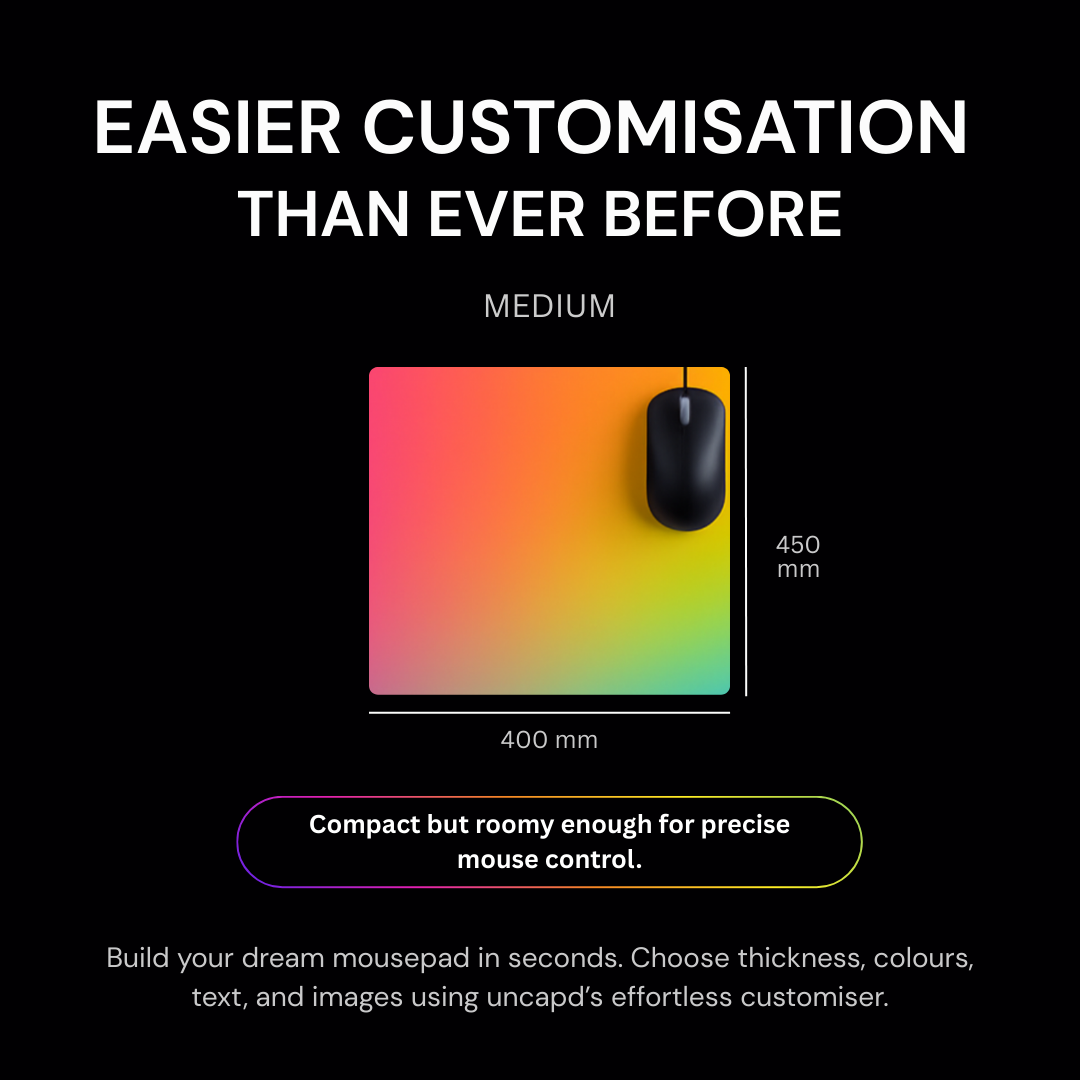 Colorful mouse pad with a mouse on a black background, showcasing customizable features.