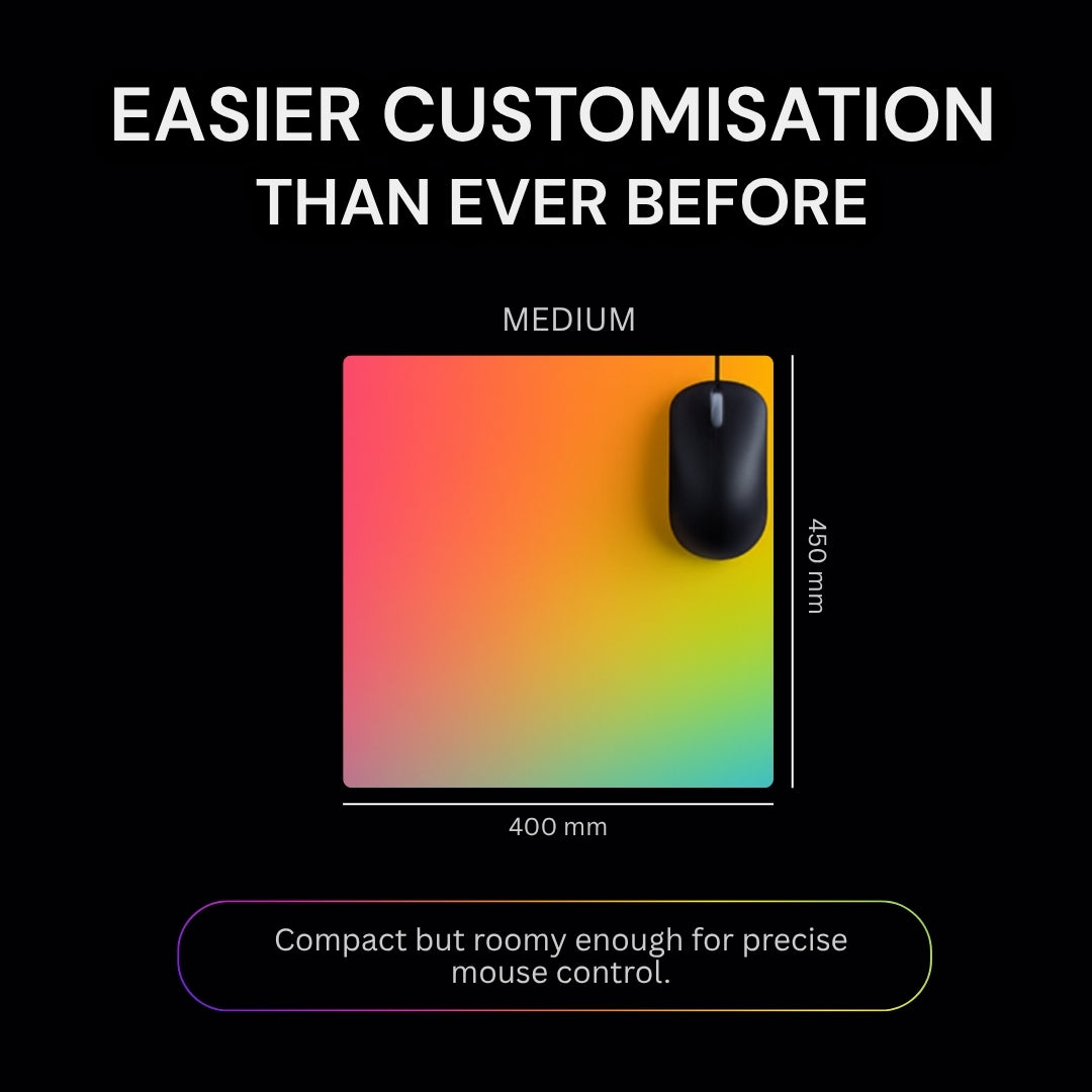 Colorful mouse pad with a mouse on a black background, showcasing customizable design.