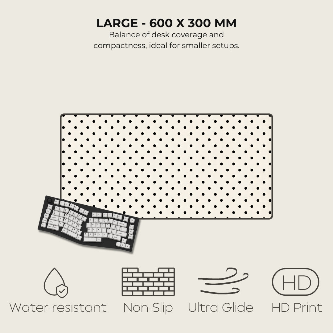 Large desk mat with polka dot pattern, keyboard on the side, and feature icons below.
