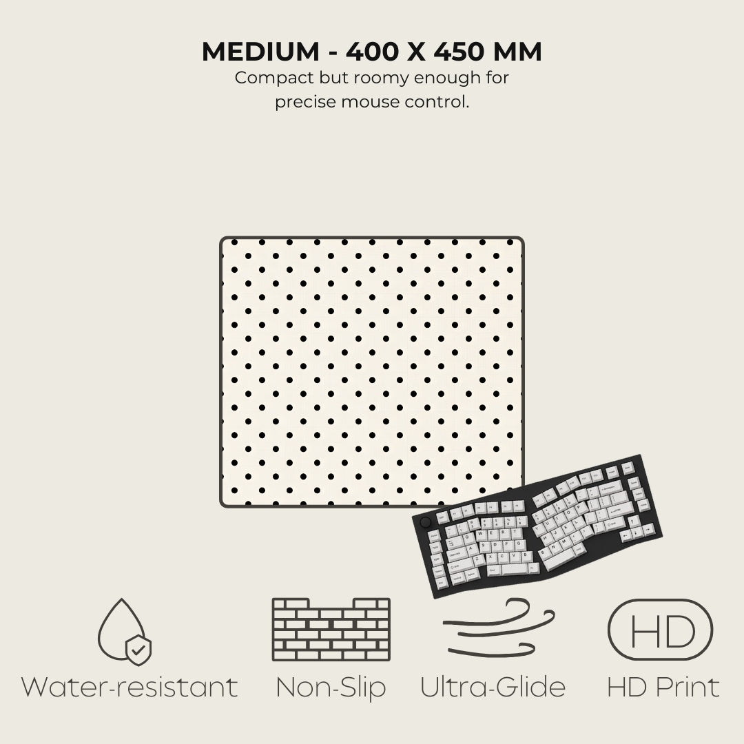 Polka dot mouse pad with keyboard illustration and feature text on a light gray background
