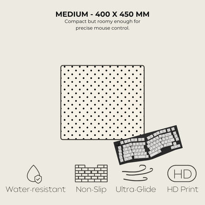 Polka dot mouse pad with keyboard illustration and feature text on a light gray background