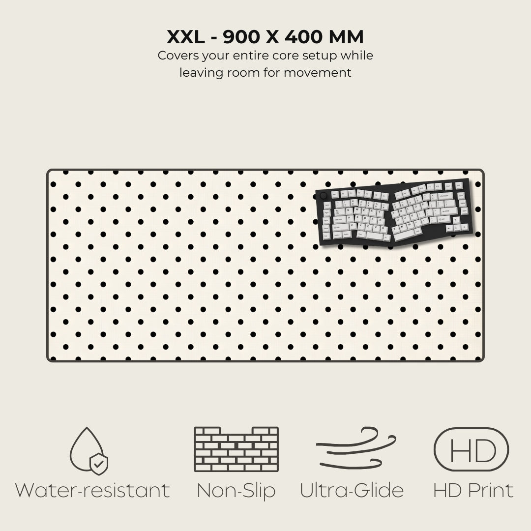 Polka dot mouse pad with text and icons on a white background