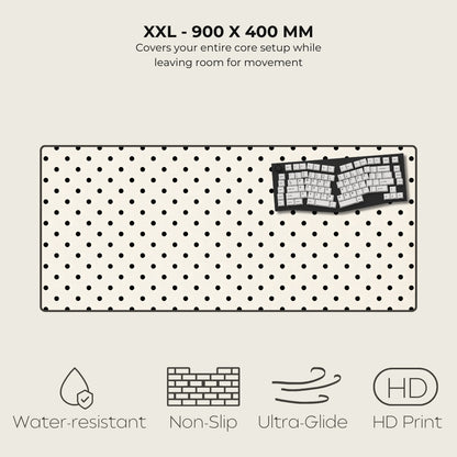 Polka dot mouse pad with text and icons on a white background