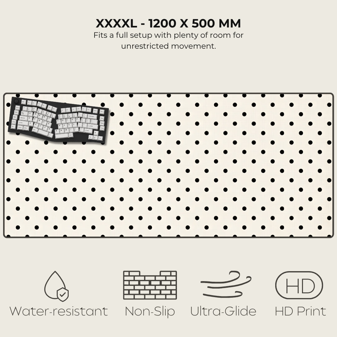 Large desk mat with pegboard design, keyboard illustration, and feature icons on a white background.