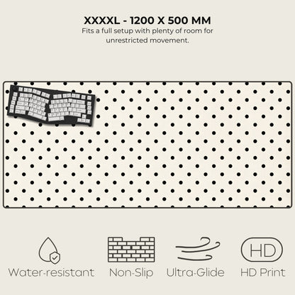 Large desk mat with pegboard design, keyboard illustration, and feature icons on a white background.