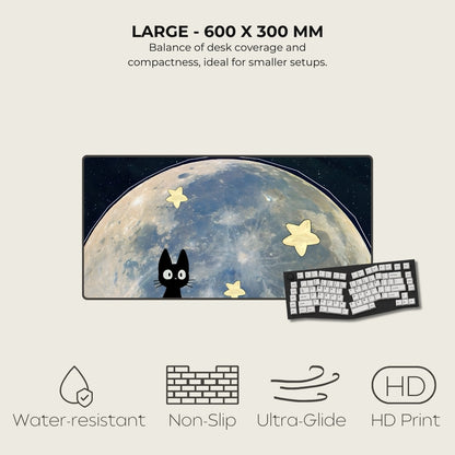 Desk mat with a cat design under a moon and stars, featuring text on size and features.