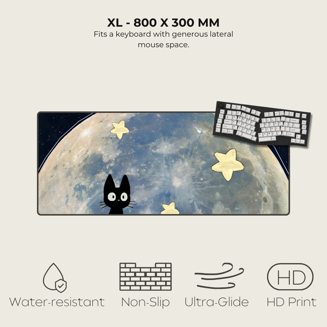 Large mouse pad with a cat and moon design, featuring text and icons indicating product features.