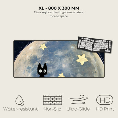 Large mouse pad with a cat and moon design, featuring text and icons indicating product features.