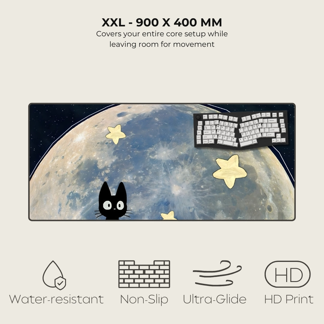 Large mouse pad with a cat and moon design, featuring text and icons indicating product features.