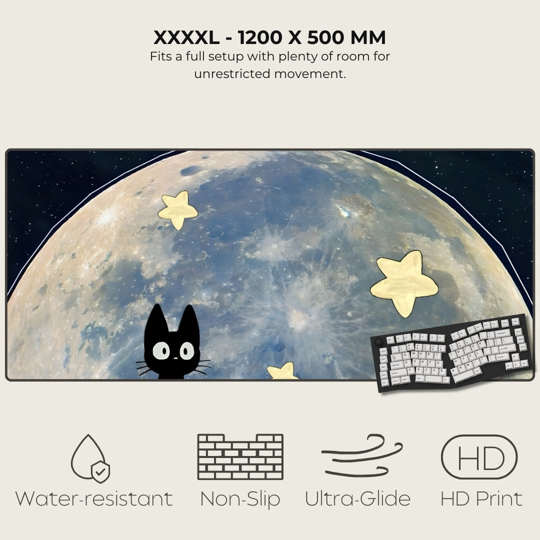 Large mouse pad with a cat and moon design, featuring text and icons indicating product features.
