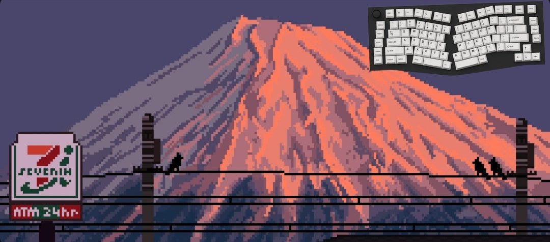 Pixel art Mousepad featuring Mount Fuji with a glowing orange peak, dark purple sky, power lines, birds, and a 7-Eleven sign.