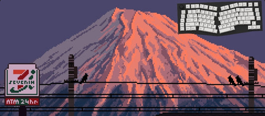 Pixel art Mousepad featuring Mount Fuji with a glowing orange peak, dark purple sky, power lines, birds, and a 7-Eleven sign.