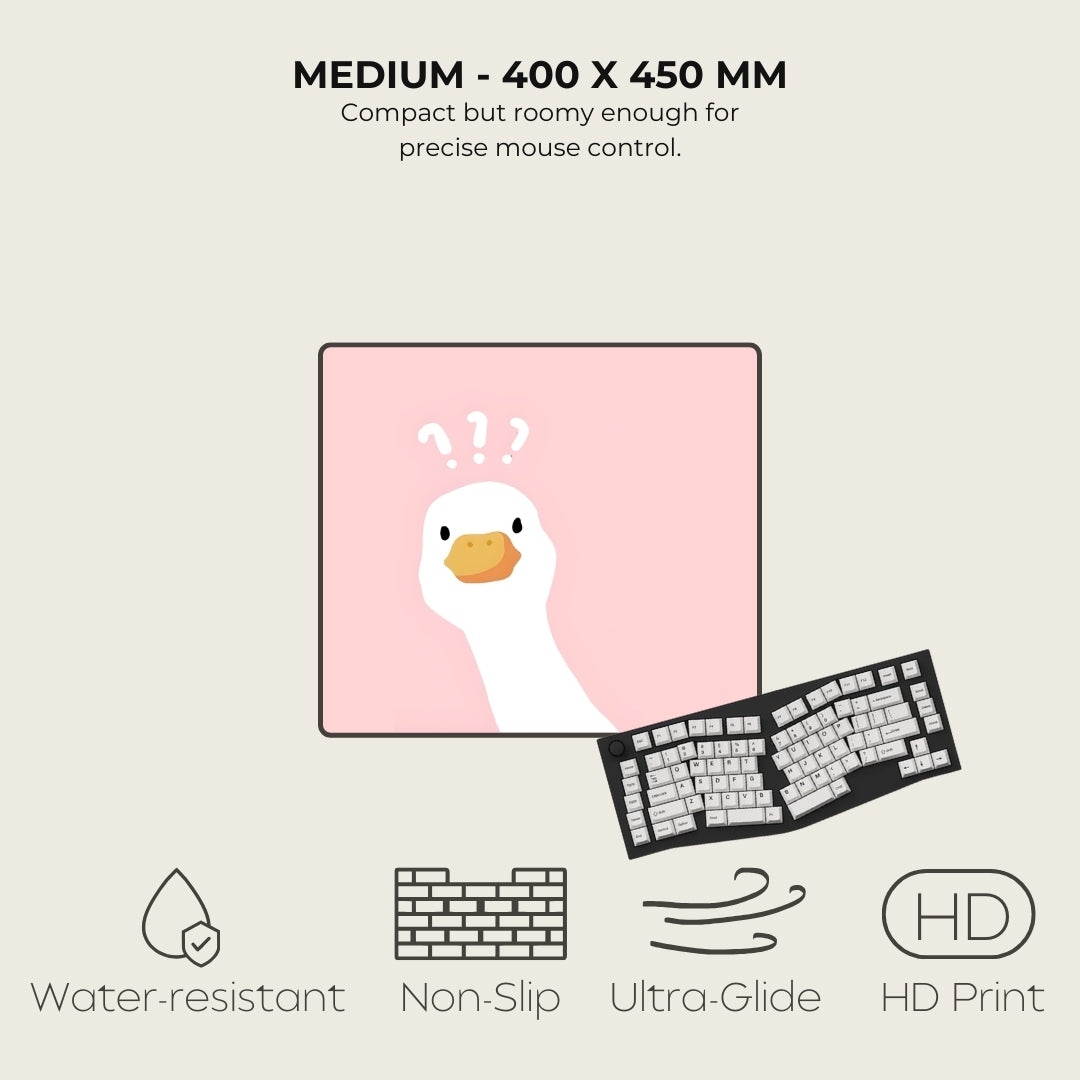 Mouse pad with cartoon duck design and product features on a light background