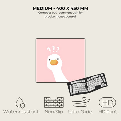 Mouse pad with cartoon duck design and product features on a light background