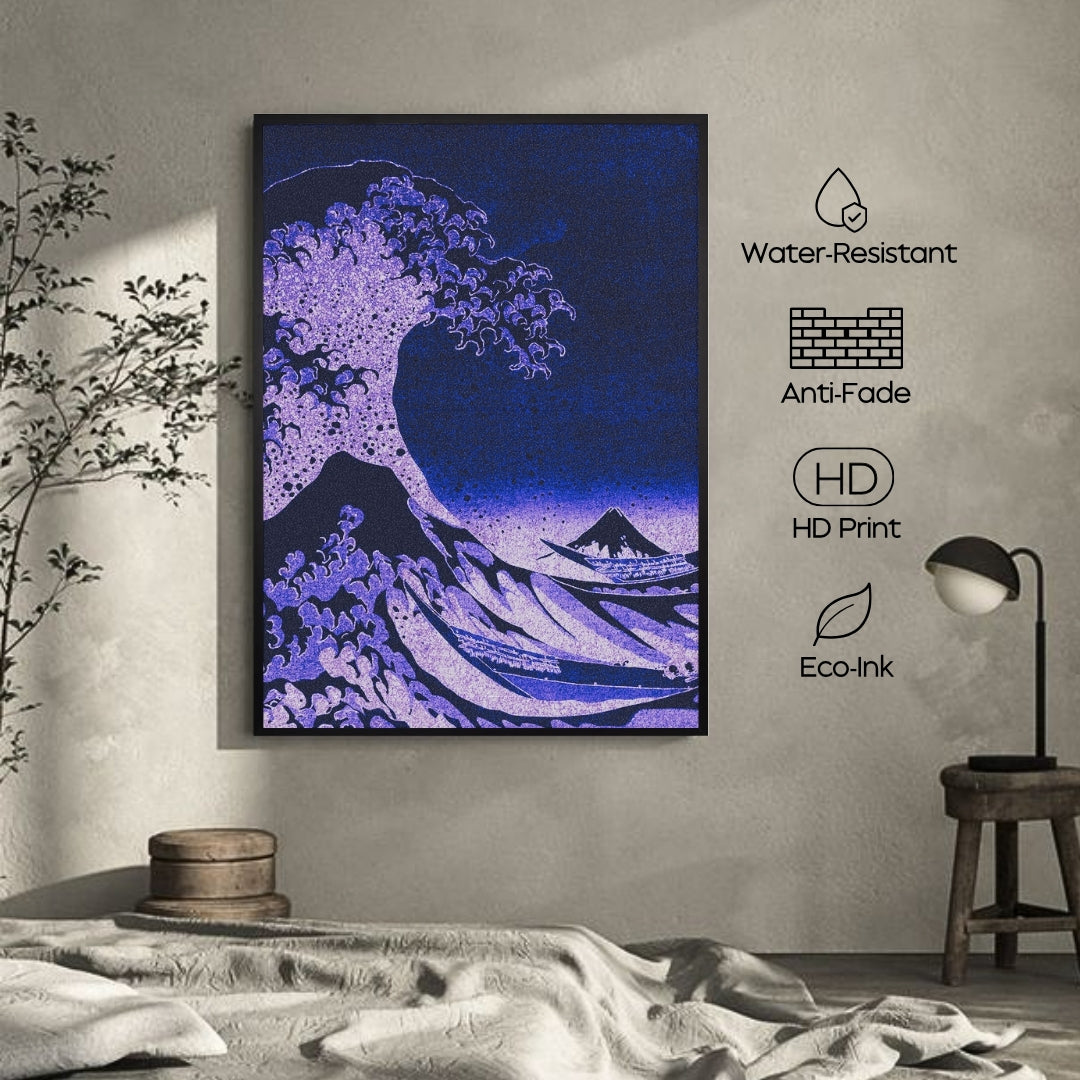 Framed artwork of a wave and mountain on a wall with water-resistant, anti-fade, HD print, and eco-ink features.