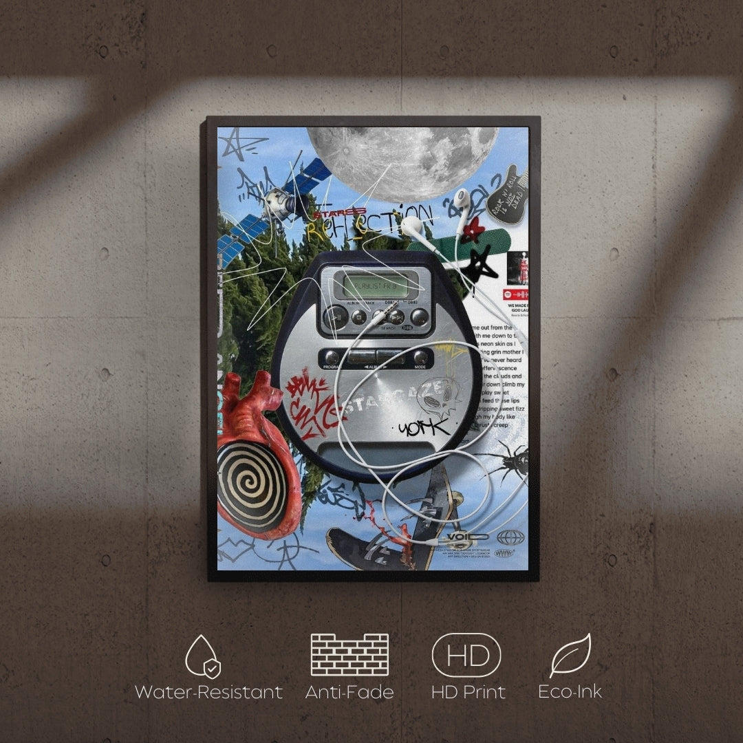 Framed collage art with a vintage radio and abstract elements on a textured wall.