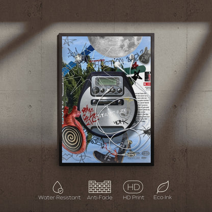 Framed collage art with a vintage radio and abstract elements on a textured wall.